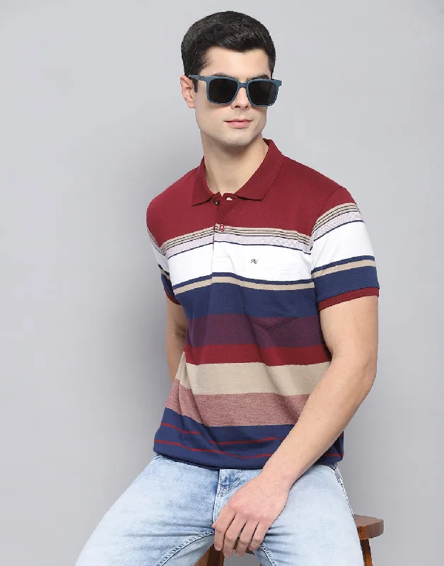 Men's Shirts with Appliqué DetailsMen Red Stripe Polo Collar Half Sleeve T-Shirt