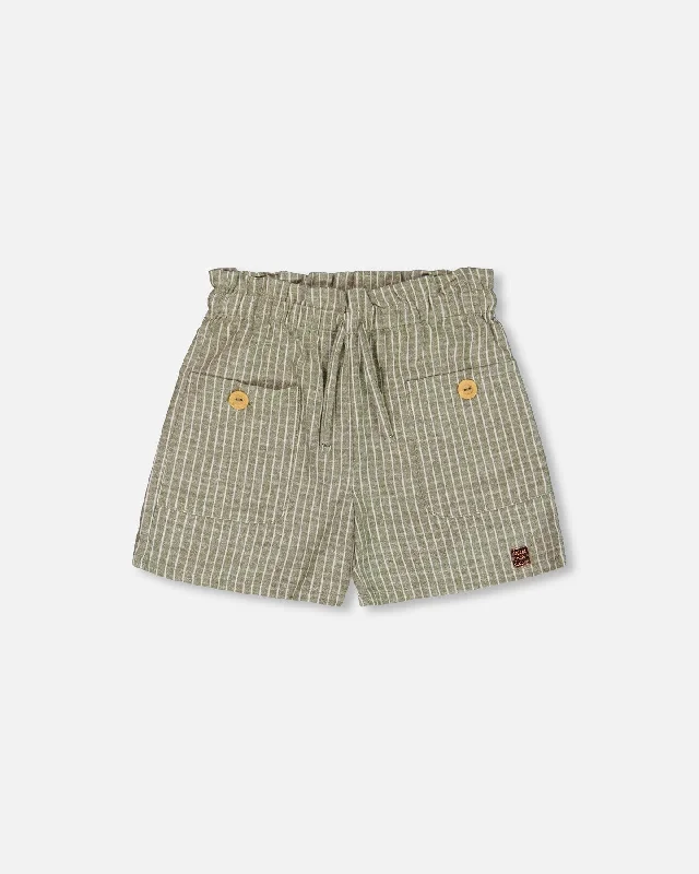 Outdoor Men's Adventure ShortsLinen Short With Pockets Medium Green And Cream Striped Outdoor Men's Adventure ShortsLinen Short With Pockets Medium Green And Cream Striped