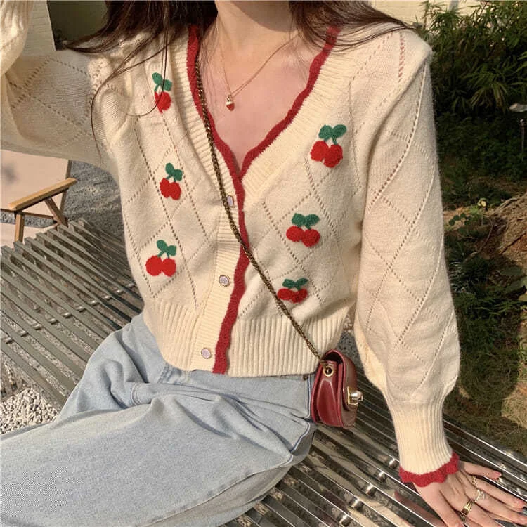 Chic Men's Cashmere SweatersKittenAlarm - V-Neck Elegant Cherry Pattern Cardigan Sweater Chic Men's Cashmere SweatersKittenAlarm - V-Neck Elegant Cherry Pattern Cardigan Sweater