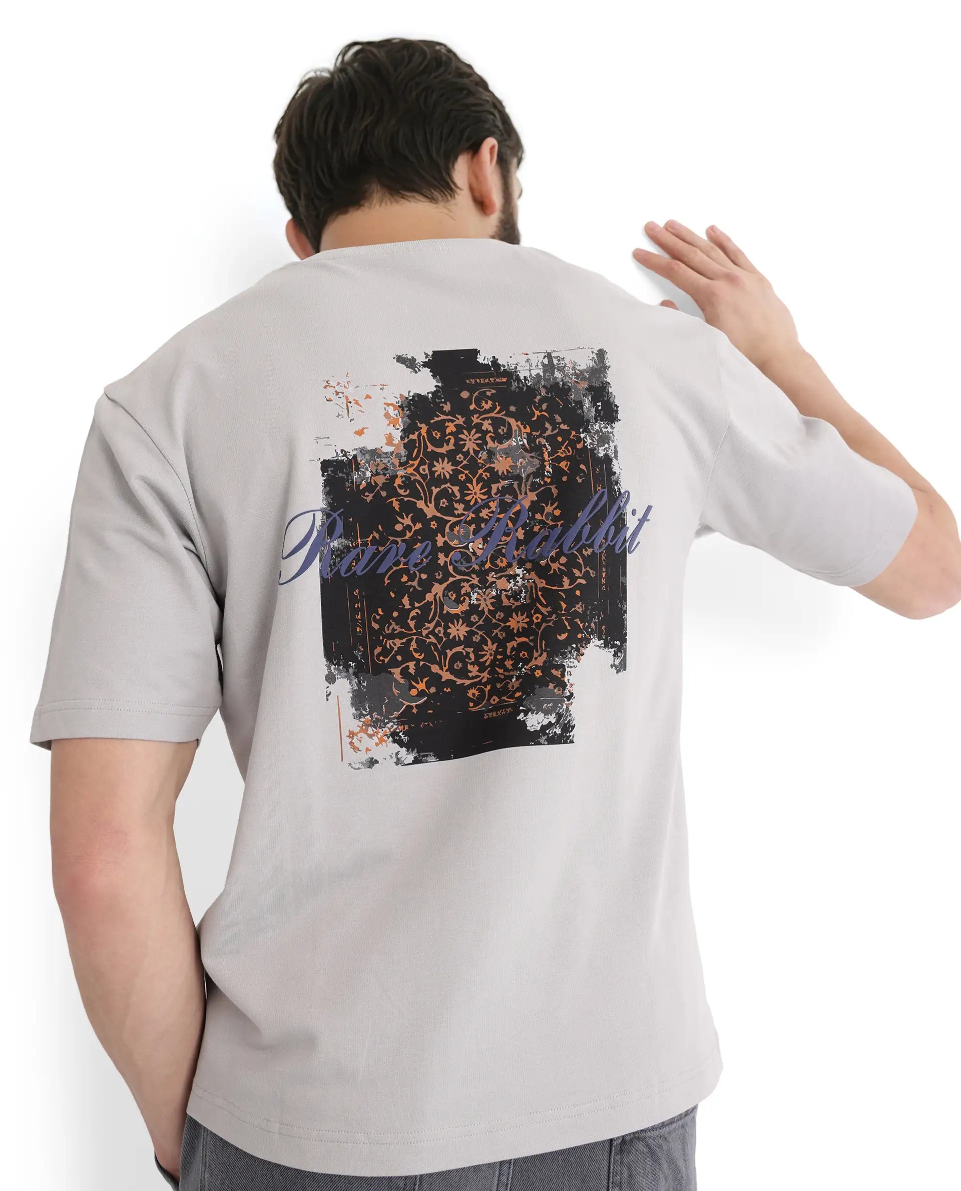 Men's Shirts with Rounded HemlinesRare Rabbit Men Rugy Grey Cotton Fabric Short Sleeve Crew Neck Qlo Fit Graphic Back Print T-Shirt Men's Shirts with Rounded HemlinesRare Rabbit Men Rugy Grey Cotton Fabric Short Sleeve Crew Neck Qlo Fit Graphic Back Print T-Shirt