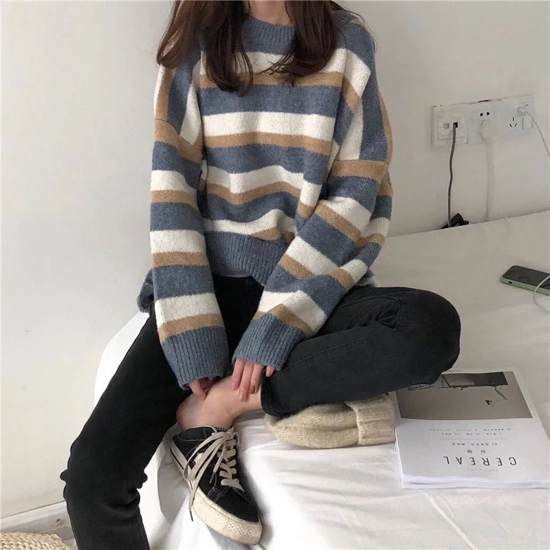 Men's Sweaters with Elastic CuffsKittenAlarm - Vintage Colors Striped Sweater