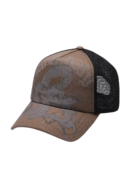 Gentlemen's Fedora HatsUnisex Goth Dragon Twill Front Mesh Trucker - Brown/Black