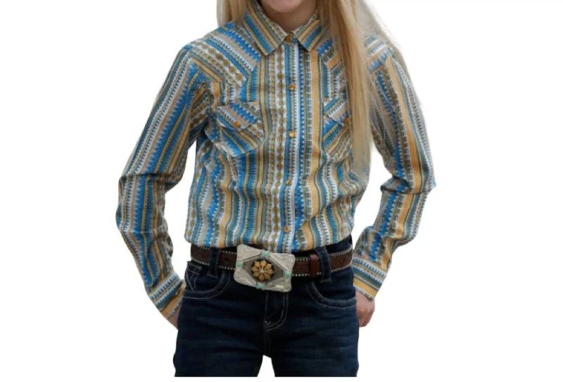 Lightweight Men's Poplin ShirtsGirl's Print Long Sleeve Snap Shirt In Blue/yellow