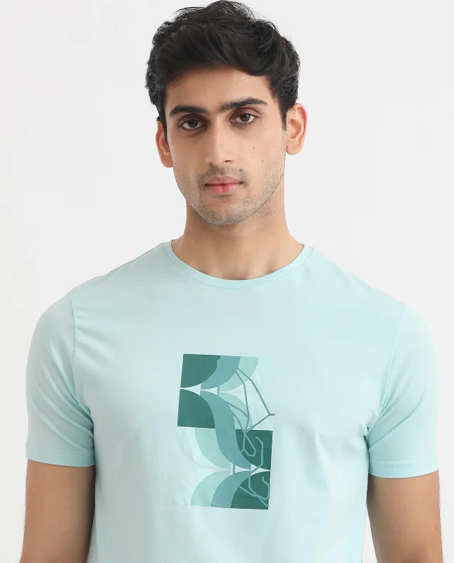 Stylish Men's HenleysRare Rabbit Men's Cerulean Pastel Green Crew Neck HD and Foil Printed Branding with Logo Half Sleeves Slim Fit T-Shirt Stylish Men's HenleysRare Rabbit Men's Cerulean Pastel Green Crew Neck HD and Foil Printed Branding with Logo Half Sleeves Slim Fit T-Shirt