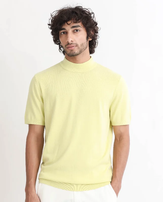 Men's Shirts with Logo EmbossmentsRare Rabbit Men's Alfet Yellow Half Sleeves High Neck Knitted T-Shirt Men's Shirts with Logo EmbossmentsRare Rabbit Men's Alfet Yellow Half Sleeves High Neck Knitted T-Shirt