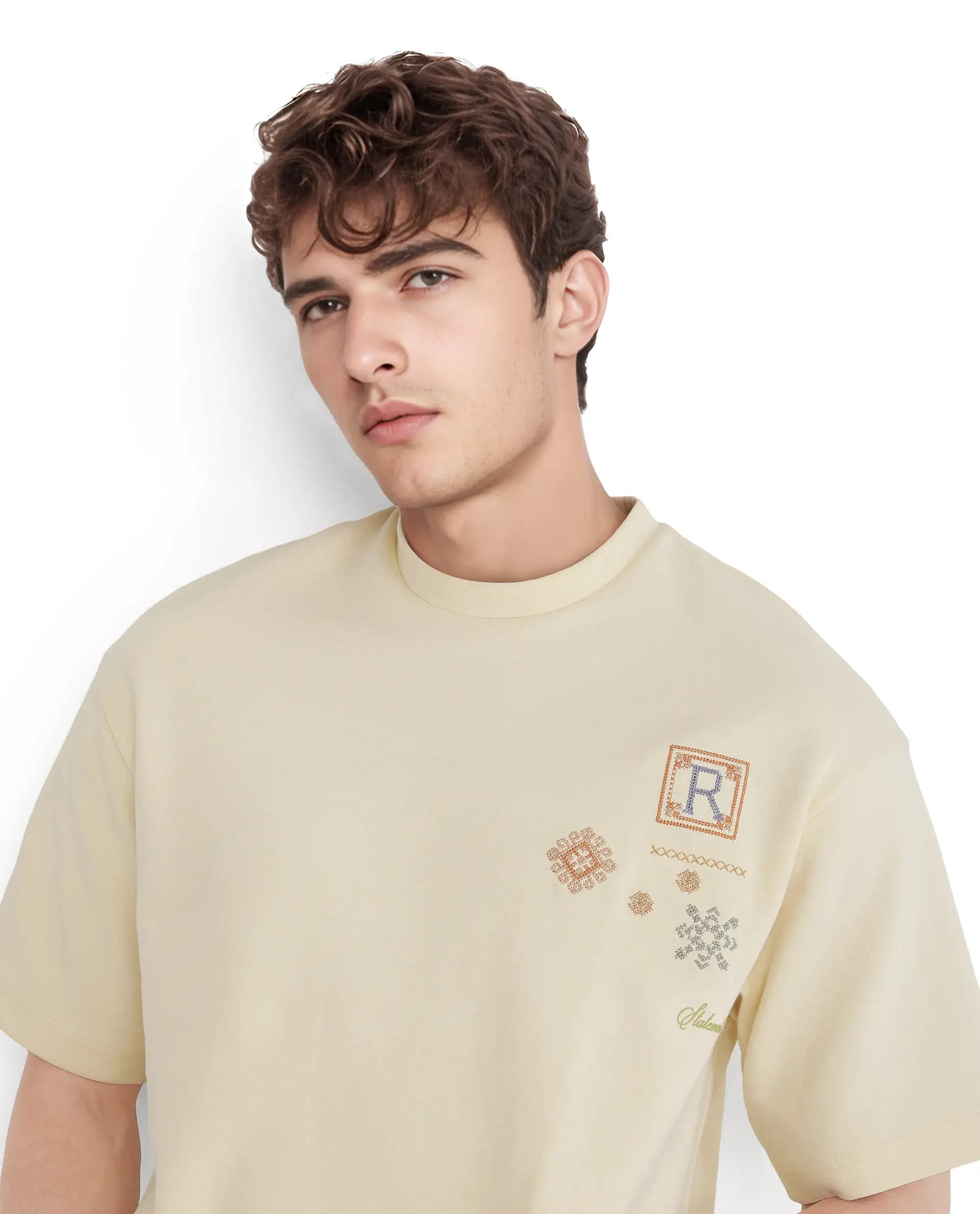 Men's Shirts with Elastic WaistbandsRare Rabbit Men Enoxo Pastel Yellow Cotton Poly Fabric Short Sleeve Crew Neck Oversized Fit Embroidered T-Shirt Men's Shirts with Elastic WaistbandsRare Rabbit Men Enoxo Pastel Yellow Cotton Poly Fabric Short Sleeve Crew Neck Oversized Fit Embroidered T-Shirt