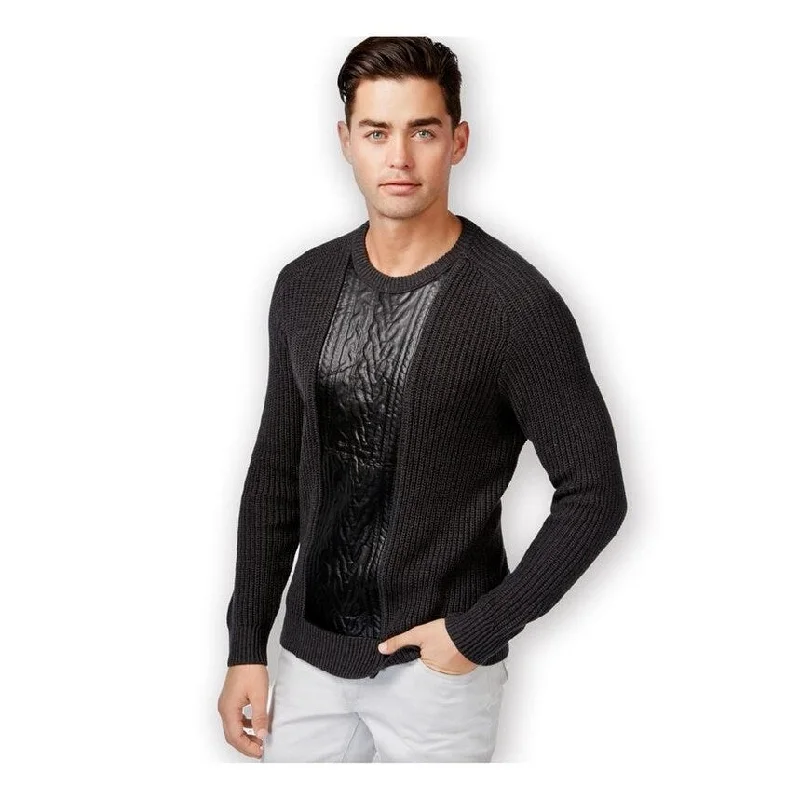 Men's Sweaters with ThumbholesI-N-C Mens Faux Leather Cable Knit Pullover Sweater