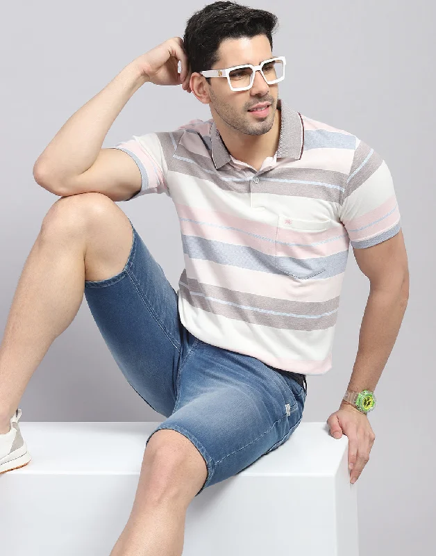 Men's Shirts with Geometric PatternsMen Pink Stripe Polo Collar Half Sleeve T-Shirt
