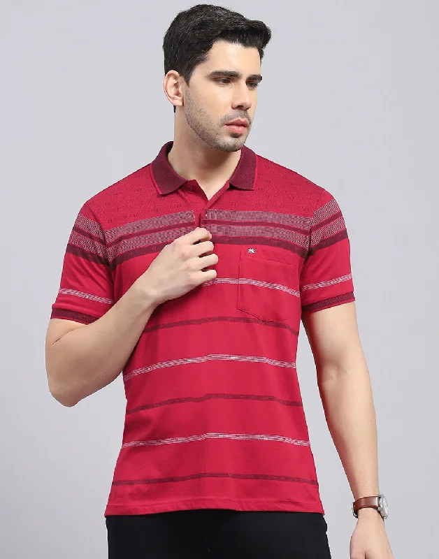 Men's Shirts with Plaid PatternsMen Red Stripe Polo Collar Half Sleeve T-Shirt