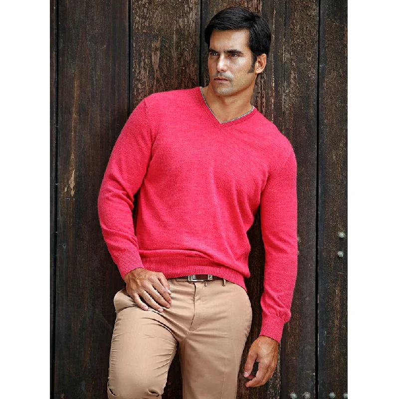 Men's Sweaters for Cold WeatherRoyal Alpaca V-Neck Sweater in Red Coral Heather by Peru Unlimited Men's Sweaters for Cold WeatherRoyal Alpaca V-Neck Sweater in Red Coral Heather by Peru Unlimited