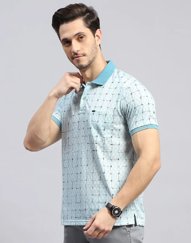 Men's Shirts with Adjustable CuffsMen Sky Blue Self Design Polo Collar Half Sleeve T-Shirt Men's Shirts with Adjustable CuffsMen Sky Blue Self Design Polo Collar Half Sleeve T-Shirt