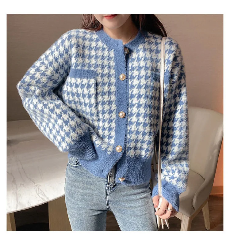 Men's Sweaters with Button CuffsKittenAlarm - Houndstooth Pattern Long Sleeve Elegant Knitted Cardigan Sweater Men's Sweaters with Button CuffsKittenAlarm - Houndstooth Pattern Long Sleeve Elegant Knitted Cardigan Sweater