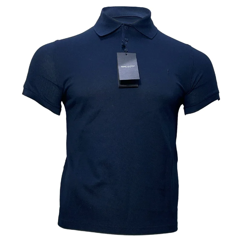 Men's Sleeveless TopsSaint Laurent Cassandre Embroidered-Logo Polo Shirt in Navy Blue Cotton Men's Sleeveless TopsSaint Laurent Cassandre Embroidered-Logo Polo Shirt in Navy Blue Cotton