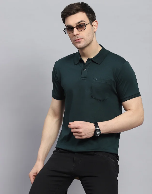 Men's Shirts with Tab CollarsMen Green Solid Polo Collar Half Sleeve T-Shirt