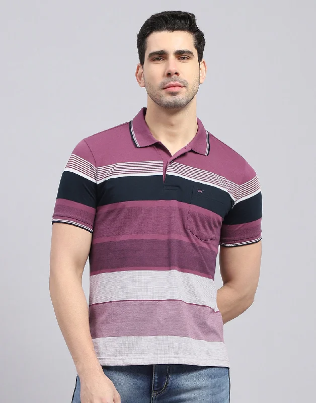Men's Shirts with Floral PrintsMen Purple Stripe Polo Collar Half Sleeve T-Shirt