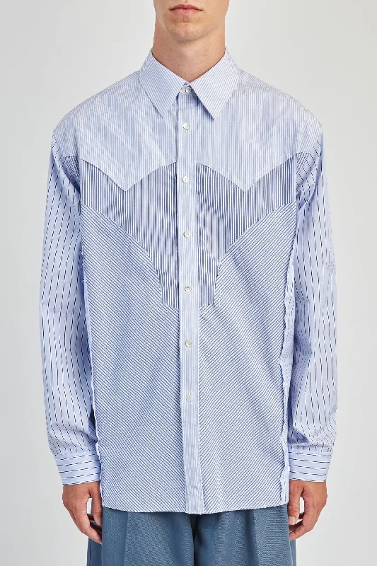 Men's Coats for Everyday WearMaison Margiela Long Sleeved Mixed Stripe Shirt in Blue and White