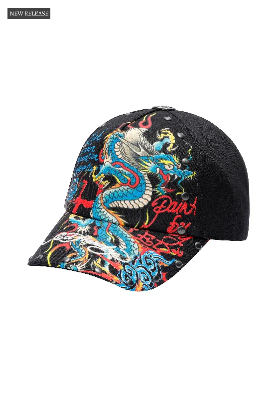 Patterned Beanie CapsUnisex Blue Dragon 6 Panel Studded Eyelets Cap - Black