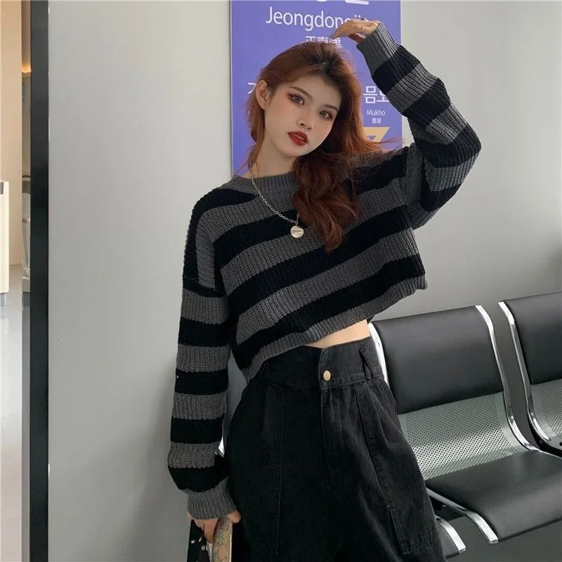 Striped Men's SweatersKittenAlarm - Loose Long Sleeve Striped Sexy Short Sweater