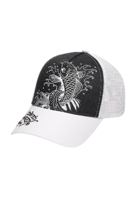 Unique Baseball CapsUnisex Mono Koi Jump Twill Front Mesh Trucker - Black/White