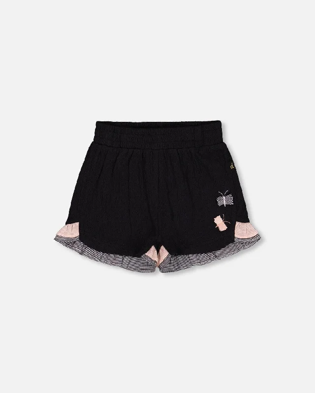 Cool Men's Linen ShortsCrinkle Short With Frills Black And Butterflies
