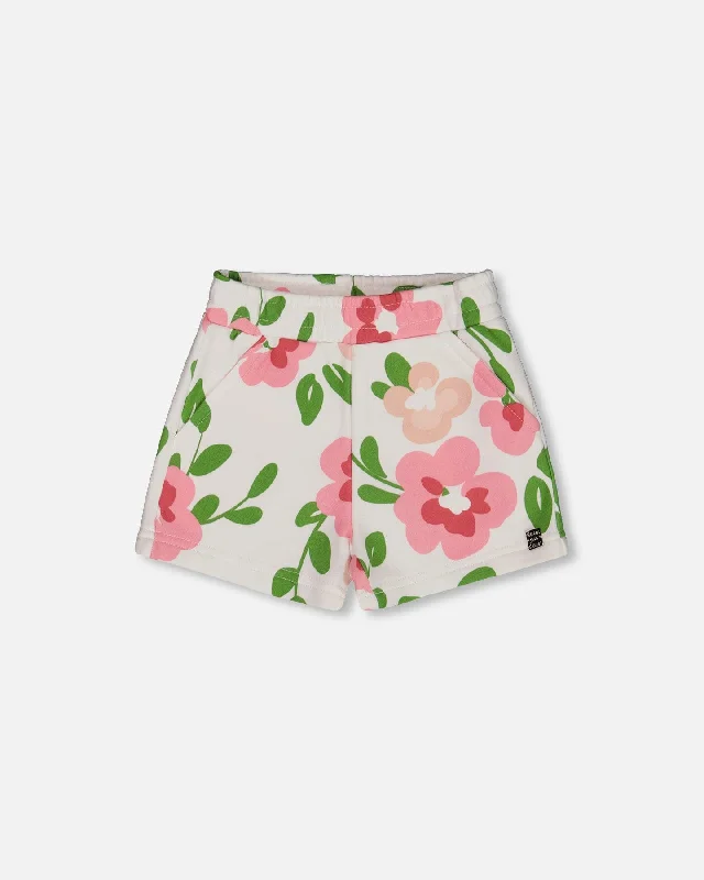 Robust Men's Denim ShortsPrinted French Terry Short Pink Flowers On White Background Robust Men's Denim ShortsPrinted French Terry Short Pink Flowers On White Background