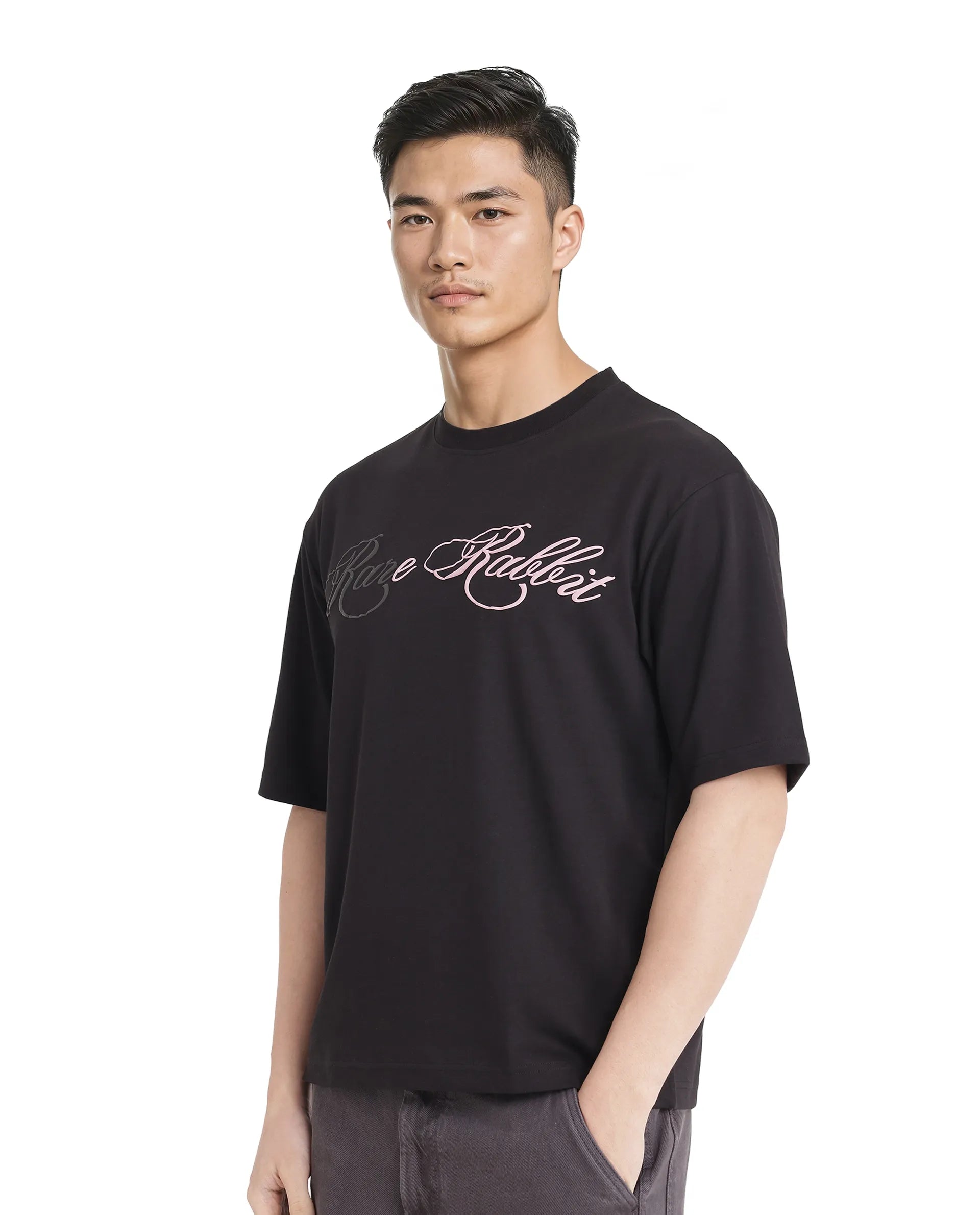 Men's Shirts for Outdoor ActivitiesRare Rabbit Men Lop Black Cotton Poly Fabric Short Sleeve Boxy Fit Printed T-Shirt Men's Shirts for Outdoor ActivitiesRare Rabbit Men Lop Black Cotton Poly Fabric Short Sleeve Boxy Fit Printed T-Shirt