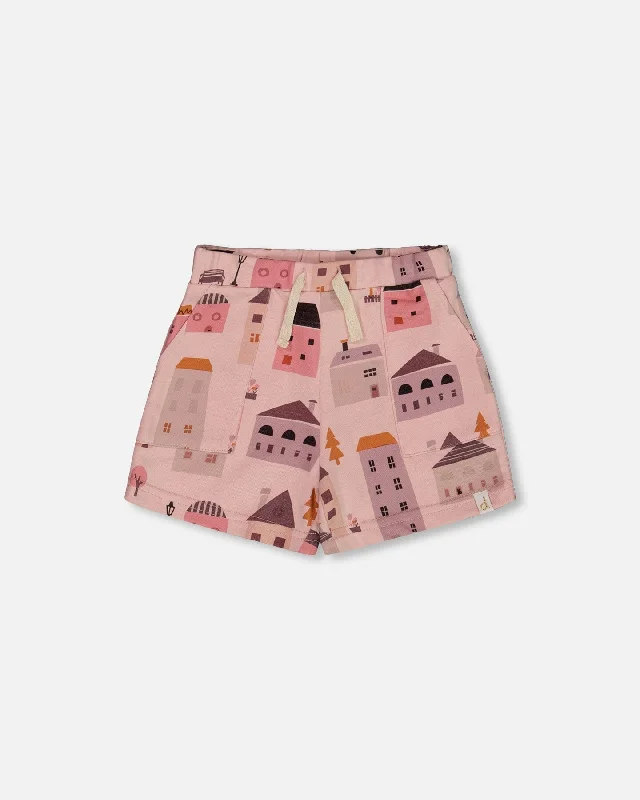 Men's Casual Short Pants for Relaxation and LoungingPrinted French Terry Short Pink And Coral Houses Men's Casual Short Pants for Relaxation and LoungingPrinted French Terry Short Pink And Coral Houses