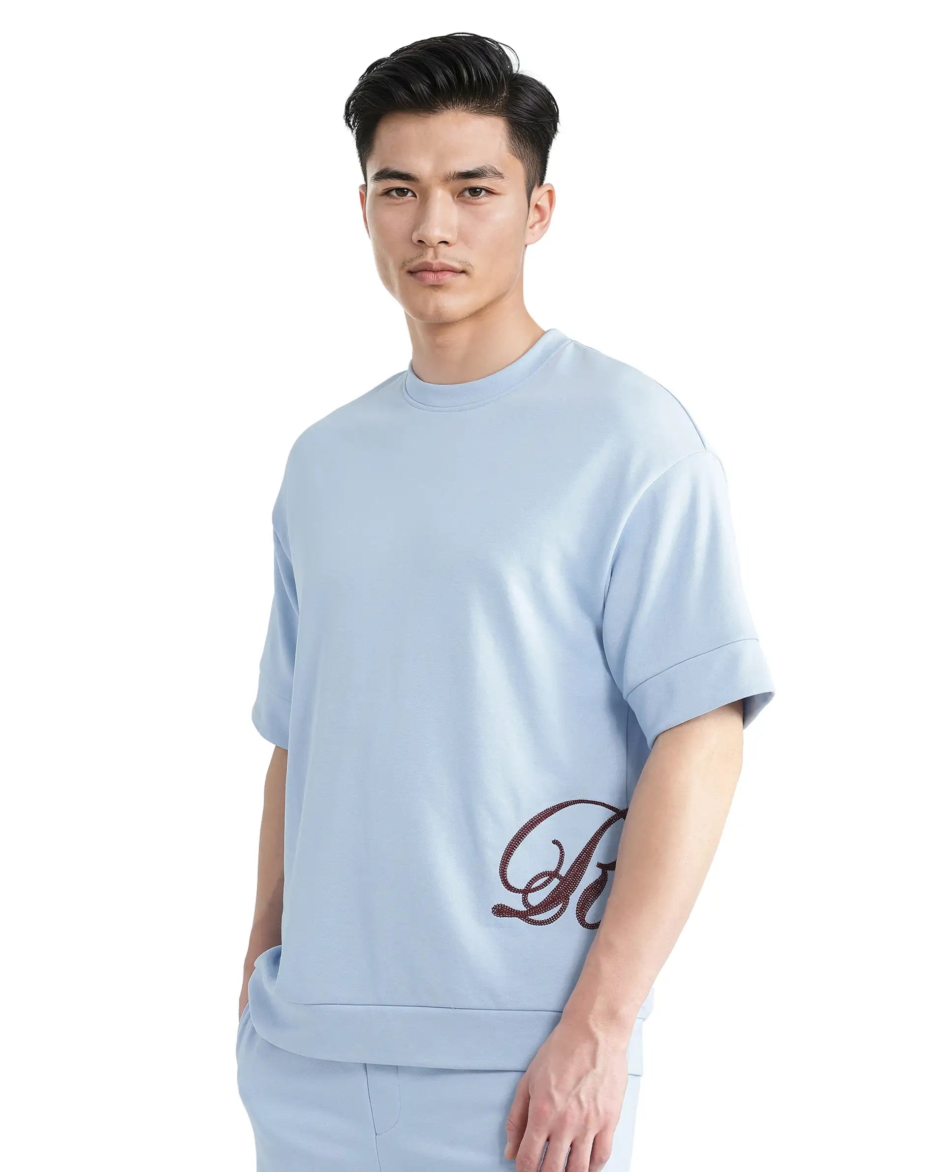 Men's Three-Quarter Sleeved TopsRare Rabbit Men Loit Light Blue Cotton Poly Fabric Short Sleeve Crew Neck Embroidered Typography T-Shirt Men's Three-Quarter Sleeved TopsRare Rabbit Men Loit Light Blue Cotton Poly Fabric Short Sleeve Crew Neck Embroidered Typography T-Shirt