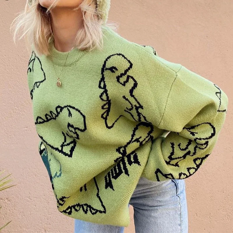 Men's Sweaters for Outdoor ActivitiesKittenAlarm - Cute Dinosaur Printed Loose Sweater Men's Sweaters for Outdoor ActivitiesKittenAlarm - Cute Dinosaur Printed Loose Sweater