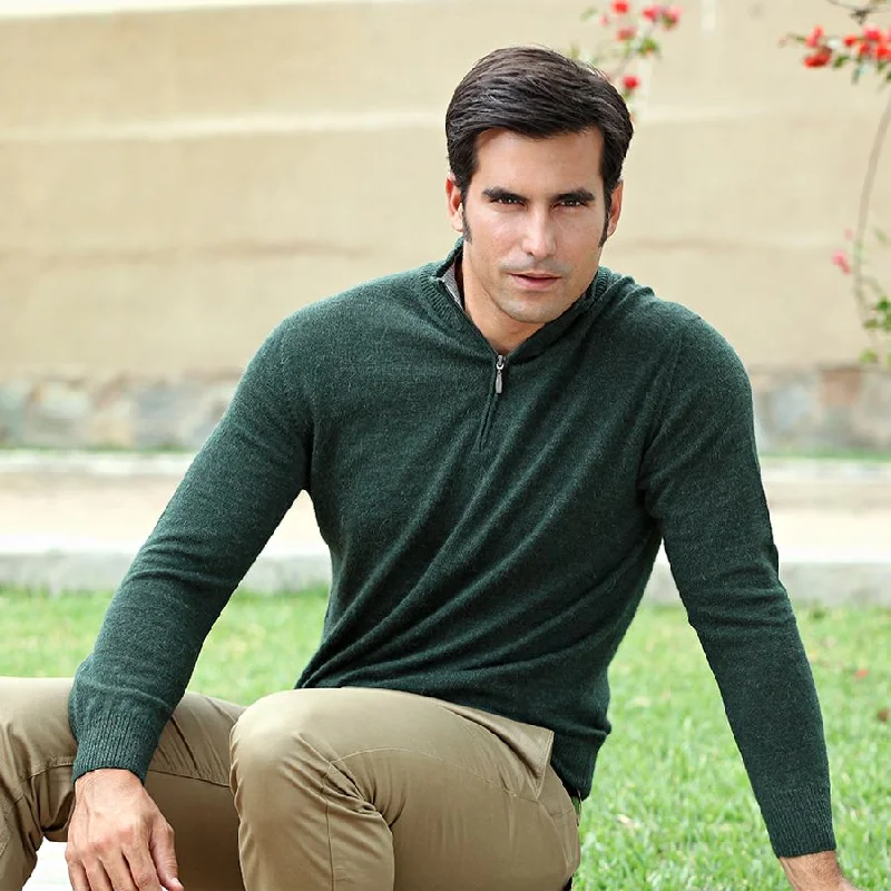 Men's Sweaters with Zip-Up CollarsRoyal Alpaca Half-Zip Mock Neck Sweater in Hunter Green Heather by Peru Unlimited Men's Sweaters with Zip-Up CollarsRoyal Alpaca Half-Zip Mock Neck Sweater in Hunter Green Heather by Peru Unlimited