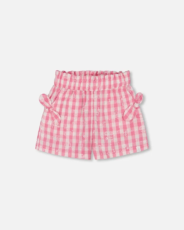 Resilient and Durable Men's Work ShortsSmocked Waist Short With Knots Pink And White Checks Resilient and Durable Men's Work ShortsSmocked Waist Short With Knots Pink And White Checks