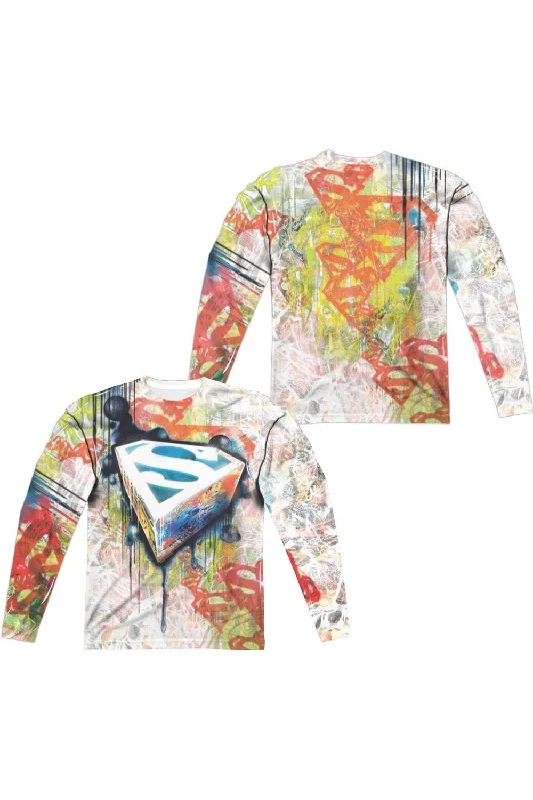 Men's Shirts with Roll-Up SleevesSuperman Urban Shields (Front/Back Print) Long Sleeve Adult Poly Crew Tee / T-Shirt Men's Shirts with Roll-Up SleevesSuperman Urban Shields (Front/Back Print) Long Sleeve Adult Poly Crew Tee / T-Shirt