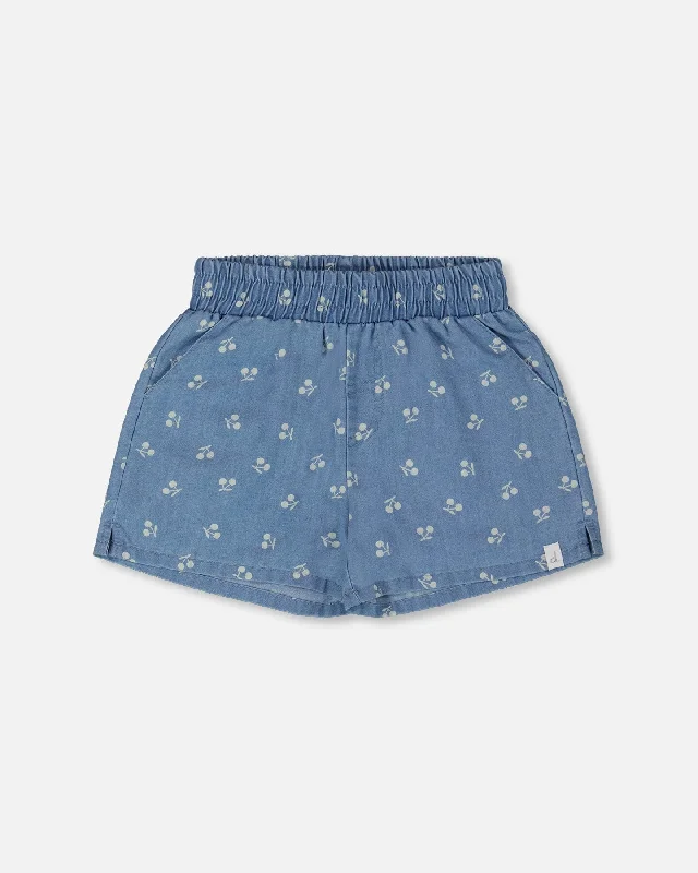 Stylish Men's Chino ShortsPrinted Chambray Short Blue And White Cherries