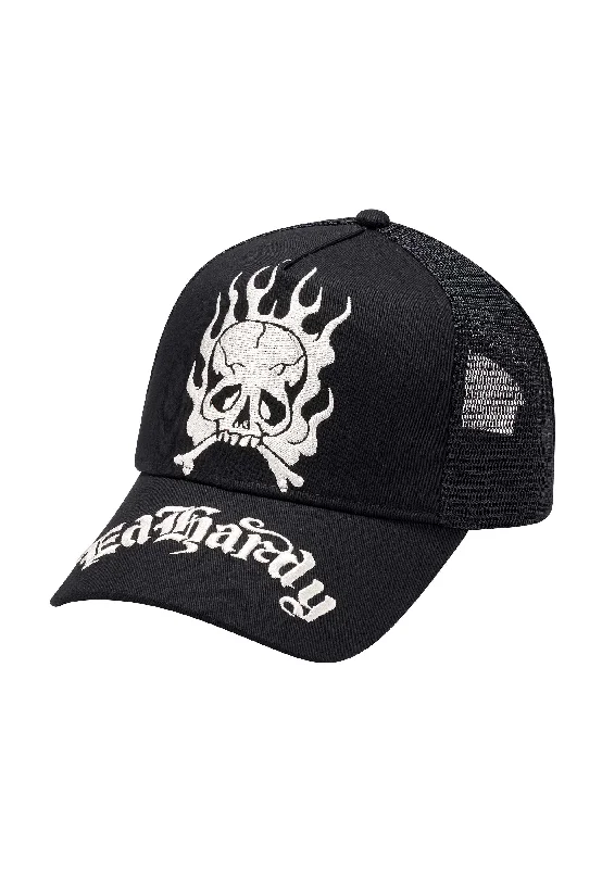 Designer Fedora HatsUnisex Gothic Skull In Flames Twill Front Mesh Trucker - Black/Black