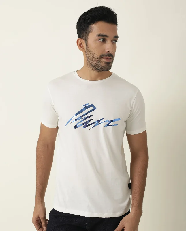 Men's Shirts for Outdoor ActivitiesRare Rabbit Nik Primary White Crew Neck Logo Printed Half Sleeves Slim Fit T-Shirt Men's Shirts for Outdoor ActivitiesRare Rabbit Nik Primary White Crew Neck Logo Printed Half Sleeves Slim Fit T-Shirt