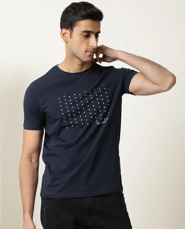 Men's Shirts with Short PlacketsRare Rabbit Men's Jitter Navy Cotton Lycra Fabric Crew Neck Half Sleeves Regular Fit Graphic Printed Logo T-Shirt Men's Shirts with Short PlacketsRare Rabbit Men's Jitter Navy Cotton Lycra Fabric Crew Neck Half Sleeves Regular Fit Graphic Printed Logo T-Shirt