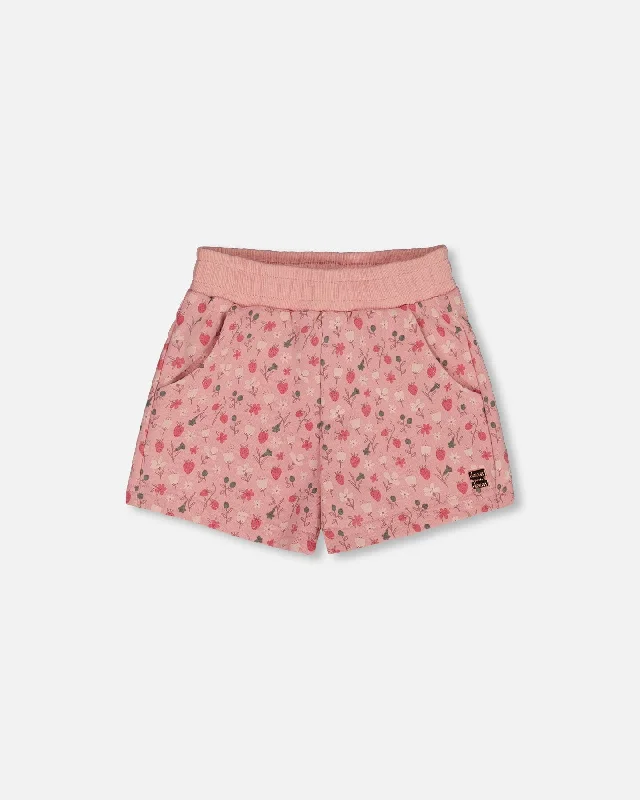 Adjustable Waistband Men's Casual ShortsPrinted French Terry Short Old Pink And Flowers