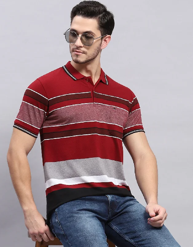Men's Shirts for CampingMen Maroon Stripe Polo Collar Half Sleeve T-Shirt
