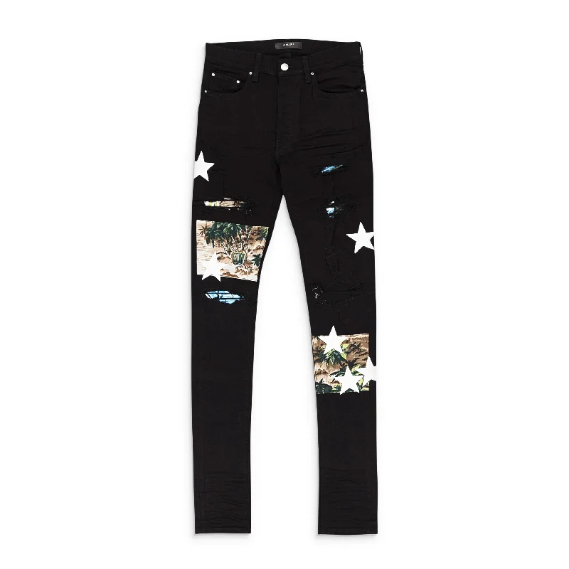 Men's Jeans with Elastic WaistbandsAMIRI HAWAIIAN STAR ART PATCH BLACK OD SKINNY JEANS Men's Jeans with Elastic WaistbandsAMIRI HAWAIIAN STAR ART PATCH BLACK OD SKINNY JEANS
