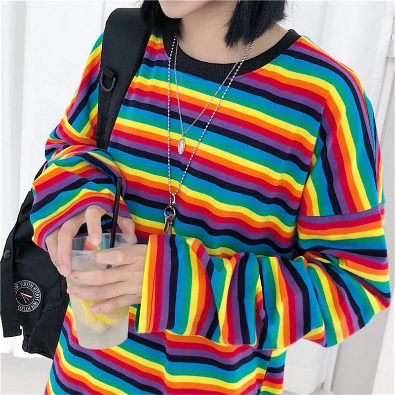 Men's Sweaters with BeadsKittenAlarm - Long Sleeve Rainbow Striped Loose Sweatshirt