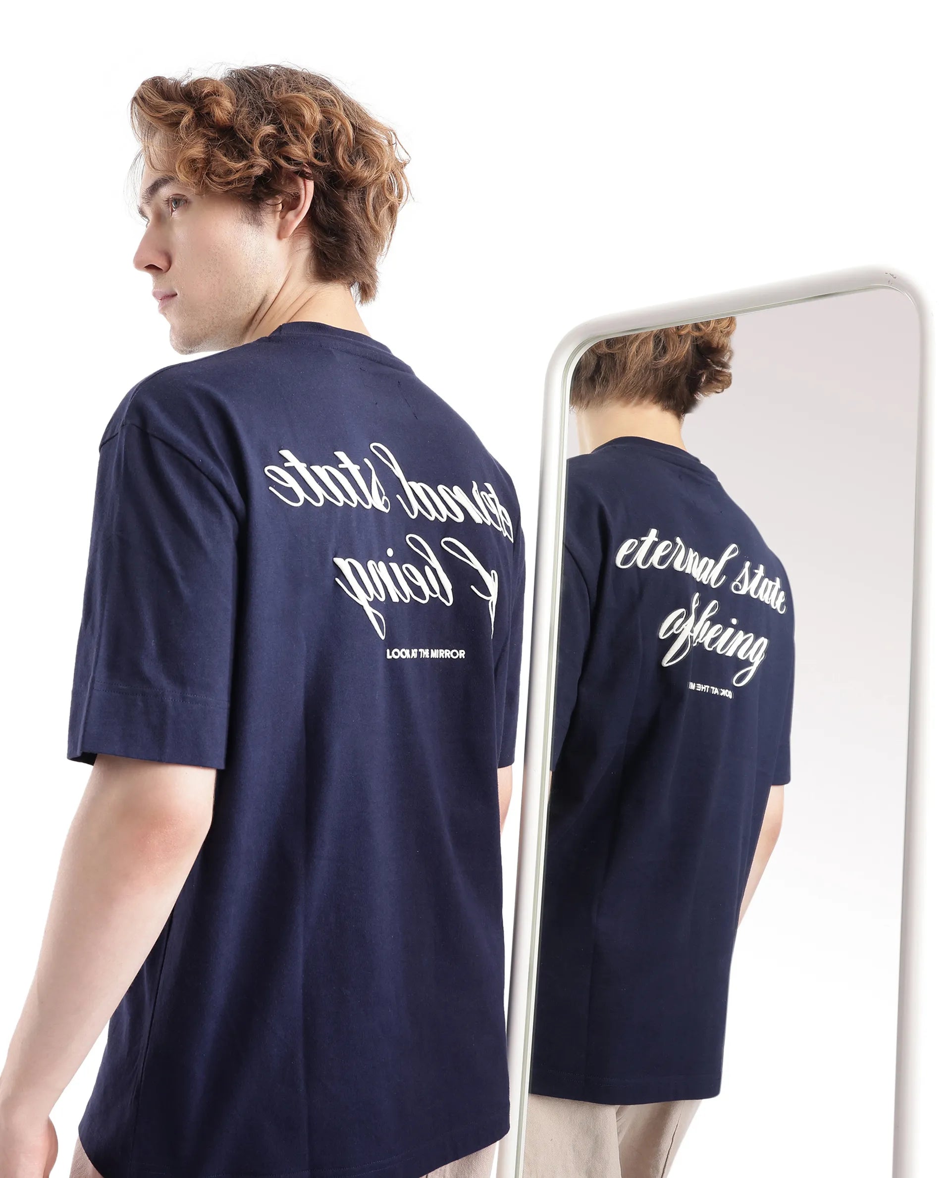 Men's Shirts with Embroidered DesignsRare Rabbit Men Wadet Navy Cotton Fabric Short Sleeve Boxy Fit Typography Back Printed T-Shirt Men's Shirts with Embroidered DesignsRare Rabbit Men Wadet Navy Cotton Fabric Short Sleeve Boxy Fit Typography Back Printed T-Shirt