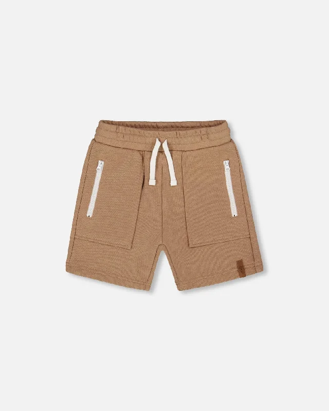 Fast-Drying and Water-Resistant Men's Swim ShortsFrench Terry Zip Pocket Shorts Beige Fast-Drying and Water-Resistant Men's Swim ShortsFrench Terry Zip Pocket Shorts Beige