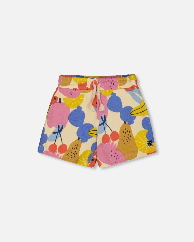 Easy-Care Men's Machine-Washable Casual ShortsPrinted French Terry Short Fruits On Yellow Background Easy-Care Men's Machine-Washable Casual ShortsPrinted French Terry Short Fruits On Yellow Background