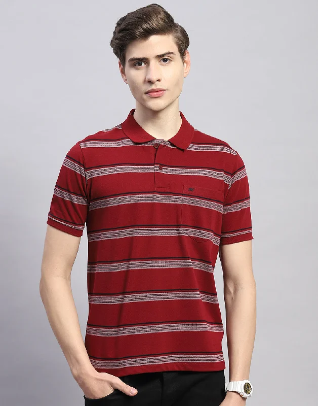 Men's Shirts with Wingtip CollarsMen Maroon Stripe Polo Collar Half Sleeve T-Shirt