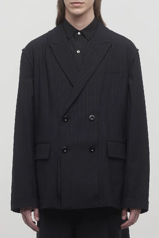 Men's Coats with Belted WaistsSacai Chalk Stripe Double Breasted Blazer