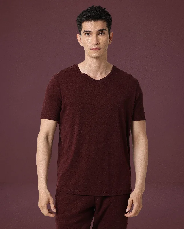 Men's Shirts with Custom MonogramsRare Rabbit Articale Men's Cleok Maroon Solid V-Neck Relaxed Fit Half Sleeves T-Shirt