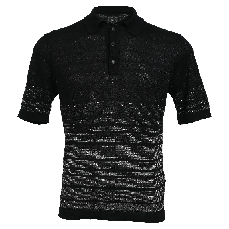 Warm Men's Fleece-Lined TopsSaint Laurent Knitted Metallic Stripe Short Sleeve Polo Shirt in Black and Silver Linen