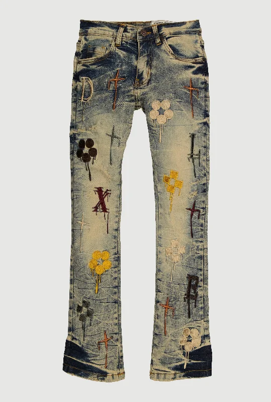 Wide-Leg Men's JeansBoys Drip Pattern Embroidered Jeans
