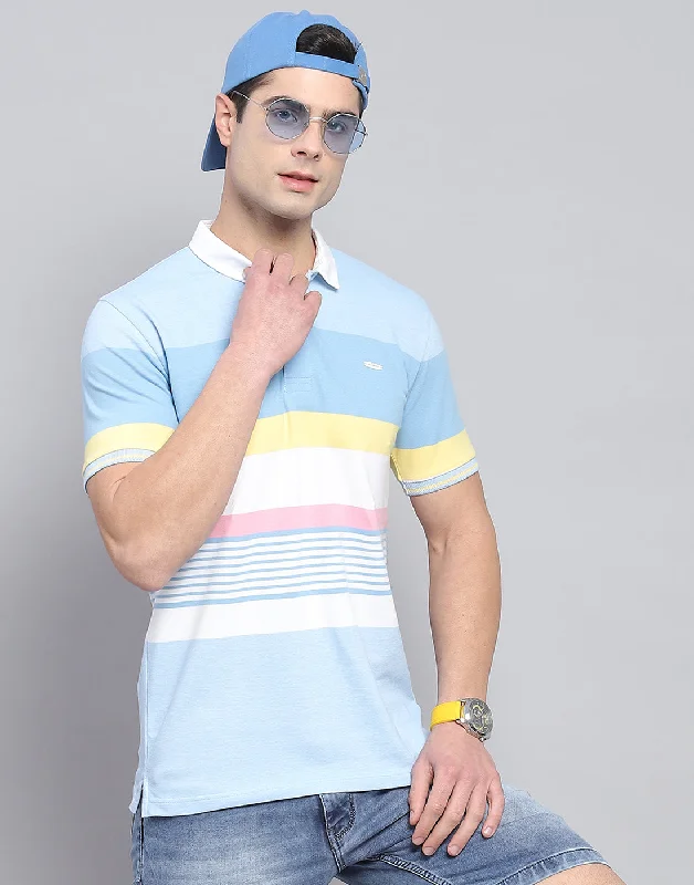Men's Shirts with Patchwork PatternsMen Blue Stripe Polo Collar Half Sleeve T-Shirt