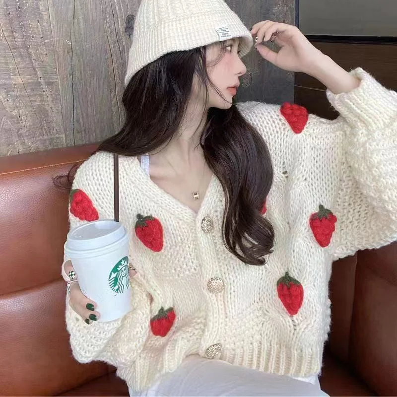 Men's Sweaters with Ribbed CuffsKittenAlarm - Loose Strawbery Pattern Knitted Cardigan Sweater Men's Sweaters with Ribbed CuffsKittenAlarm - Loose Strawbery Pattern Knitted Cardigan Sweater